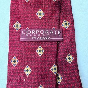 Jos A Bank 100% Silk Tie - Square Dot Burgundy/Blue/Gold - Corporate Collection